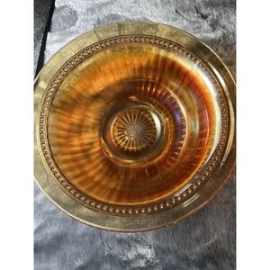 Marigold Carnival Glass Ribbed Bowl Iridescent Starburst Beaded Rim Vintage
